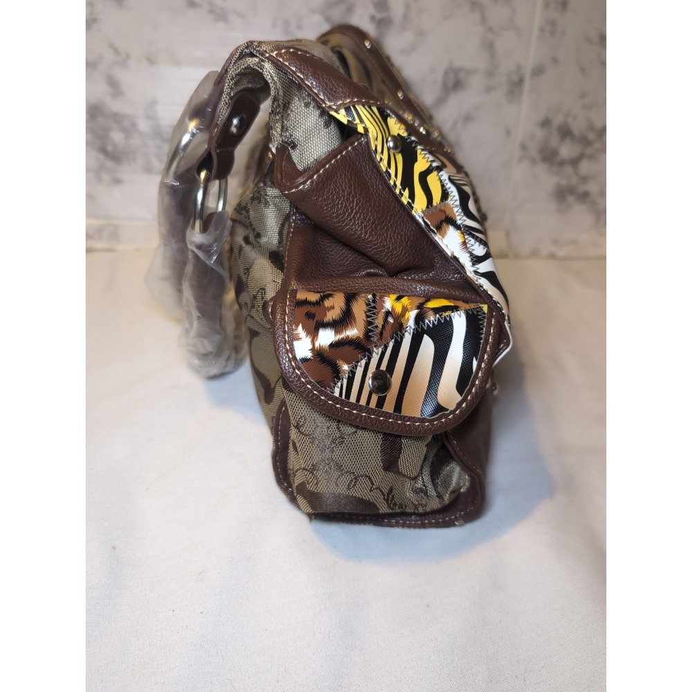 GUESS ? Patchwork Animal Purse Bag Silver Logo Hardware Double Handles 14.5"x9" - Picture 5 of 11